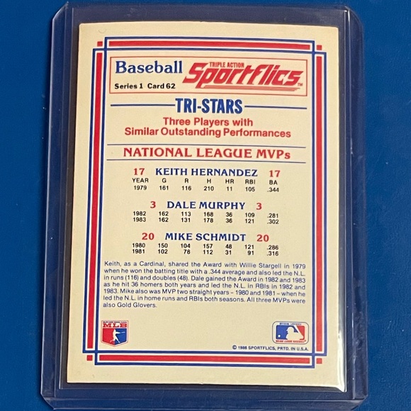 N. L. MVP's [Hernandez/Murphy/Schmidt] #62 1986 Sportflics Baseball Trading Card - Picture 2 of 2
